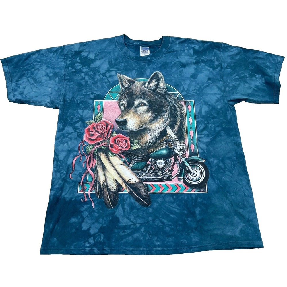 Vintage Nature Shirt Men XL Blue‎ Tie Dye Motorcycle Biker Wolf Y2K Indian Adult